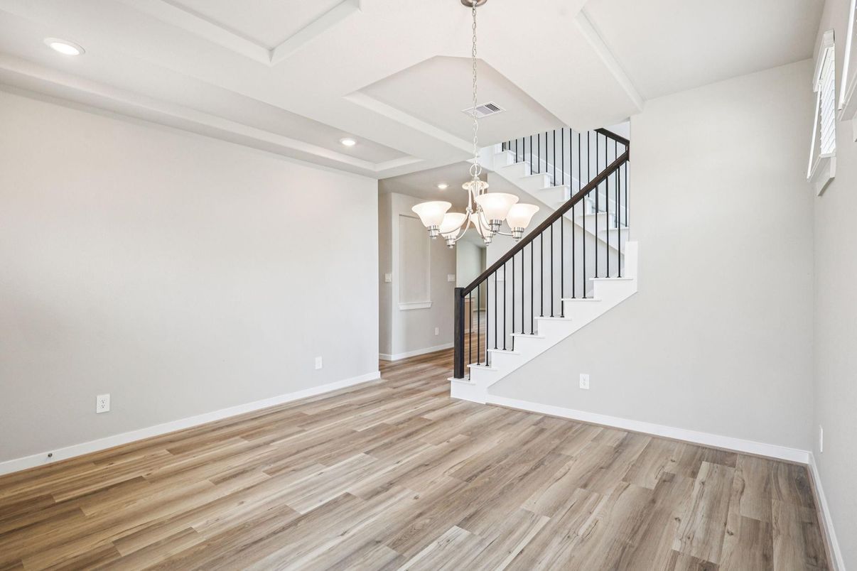 Chandelier, Empty room, Interior, Recessed Lighting, Wood Texture Flooring