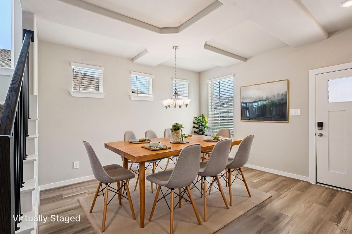 Chandelier, Dining room, Interior, Recessed Lighting, Wood Texture Flooring