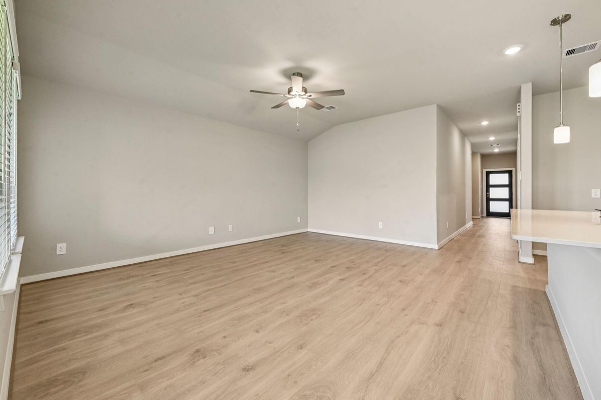 Empty room, Interior, Pendant Lights, Recessed Lighting, Wood Texture Flooring