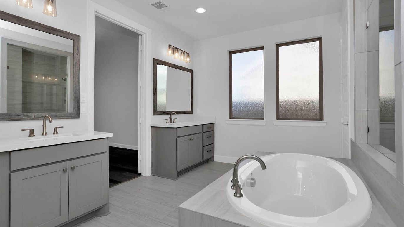 Bathroom, Dual Sink Vanities, Interior, Recessed Lighting, Wood Texture Flooring