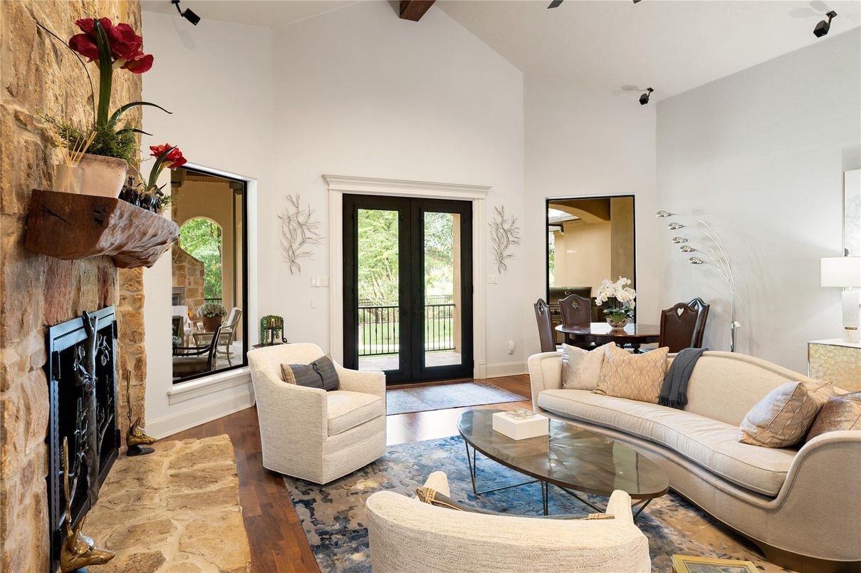 Dining room, Fireplace, Interior, Living room, Wooden Beams, Wood Texture Flooring
