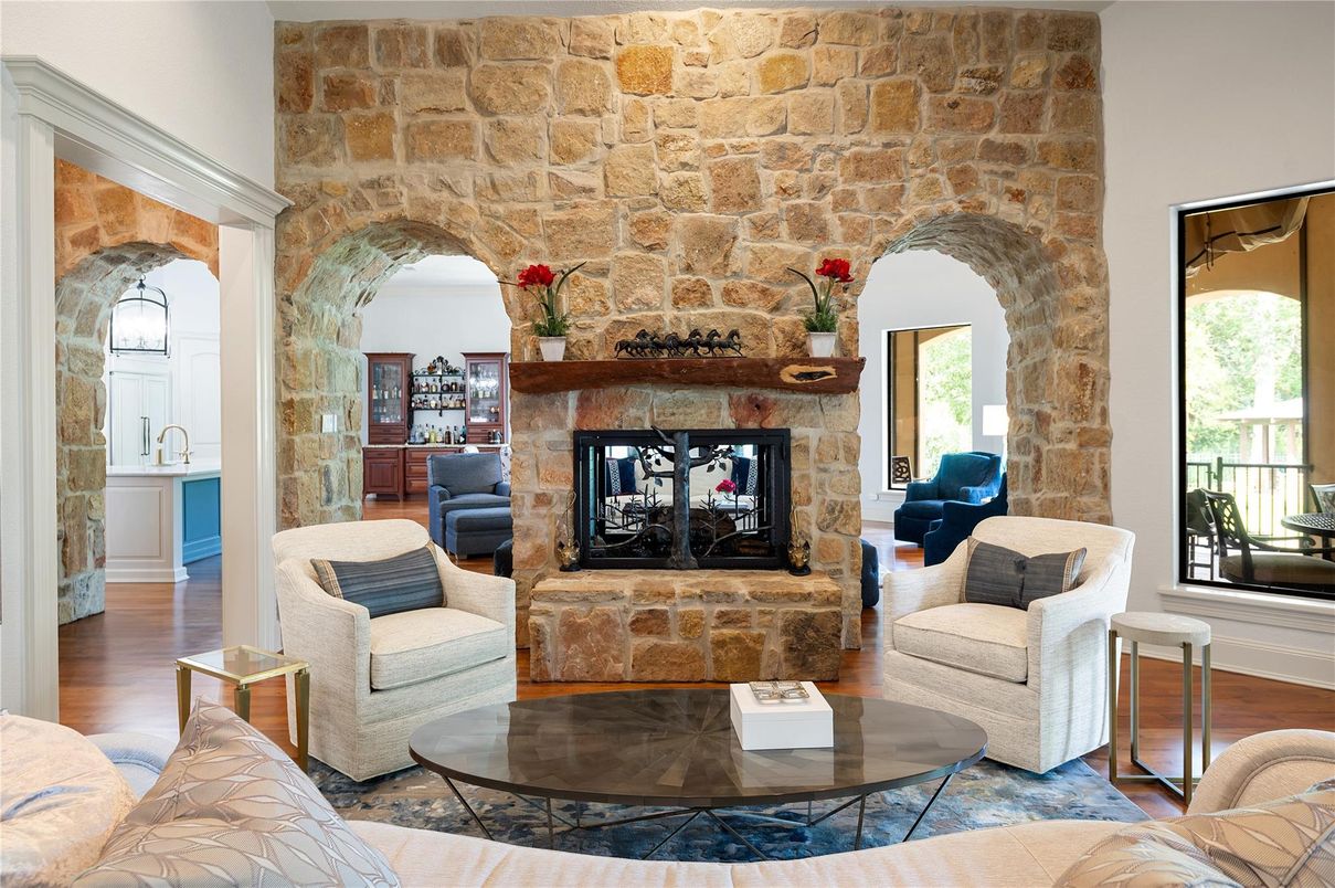 Fireplace, Interior, Living room, Stone Walls, Wood Texture Flooring
