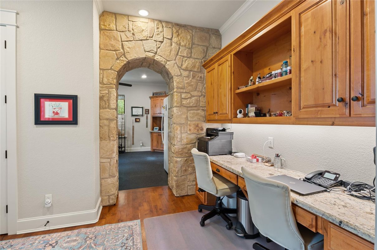 Home Office, Interior, Recessed Lighting, Stone Walls, Wood Texture Flooring