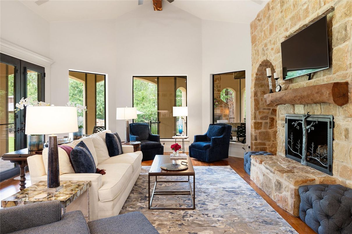 Fireplace, Interior, Living room, Stone Walls, Wooden Beams, Wood Texture Flooring