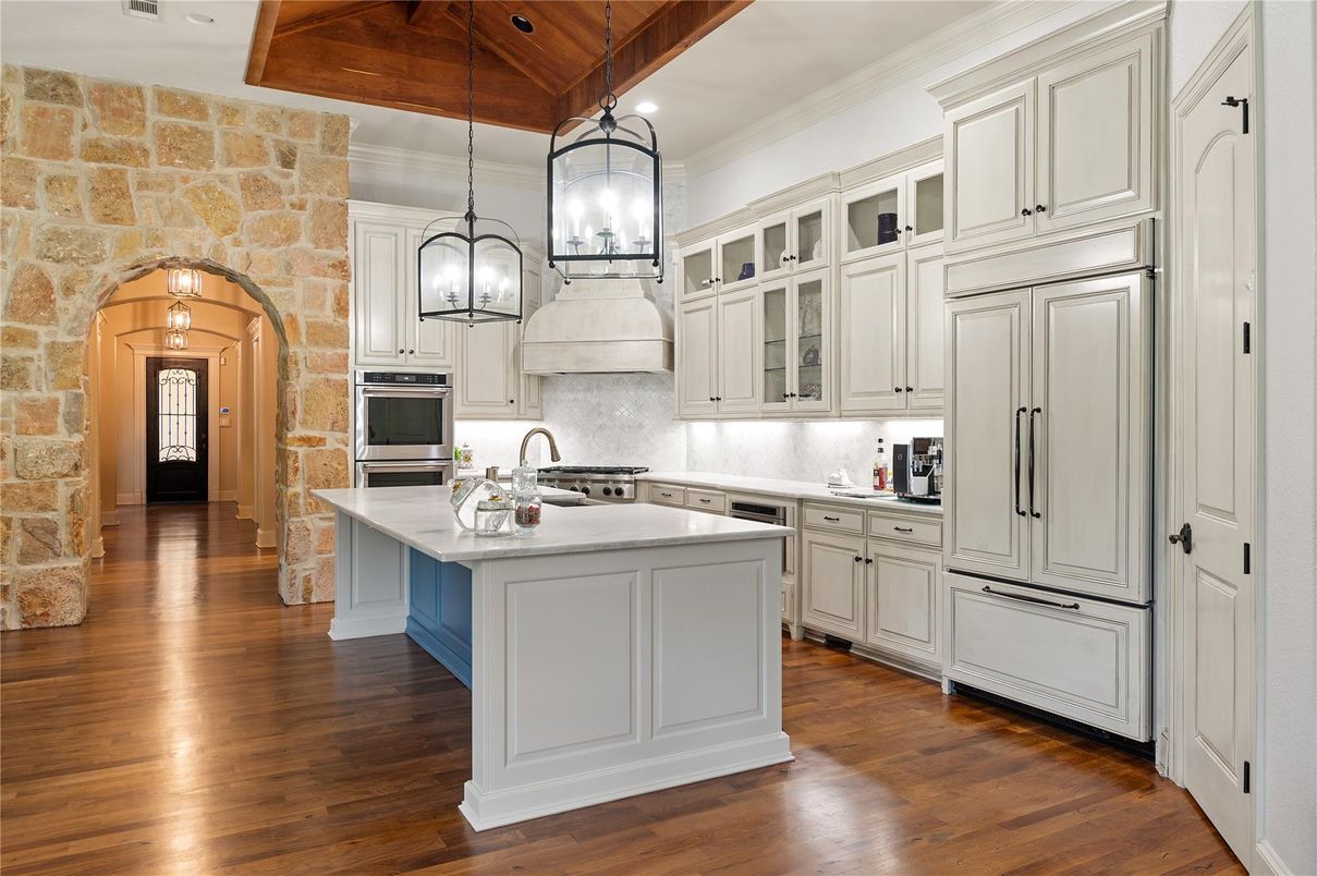 Interior, Kitchen, Pendant Lights, Stainless Steel Appliances, Stone Walls, Wooden Beams, Wooden Ceilings, Wood Texture Flooring