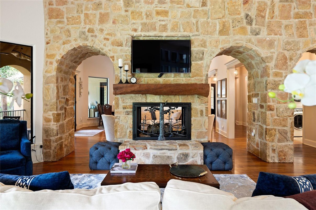 Fireplace, Interior, Living room, Stone Walls, Wood Texture Flooring