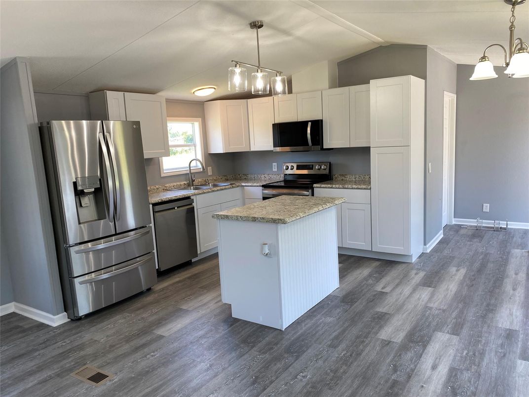 Interior, Kitchen, Pendant Lights, Stainless Steel Appliances, Wood Texture Flooring