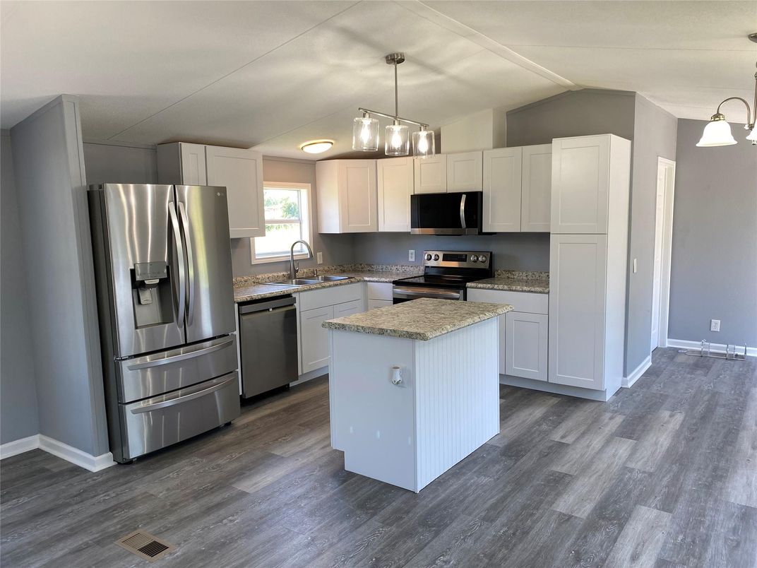 Interior, Kitchen, Pendant Lights, Stainless Steel Appliances, Wood Texture Flooring