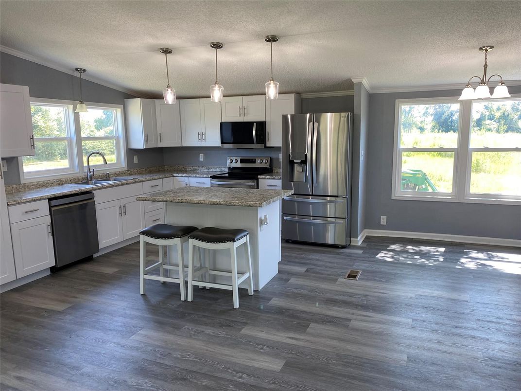 Interior, Kitchen, Pendant Lights, Stainless Steel Appliances, Wood Texture Flooring