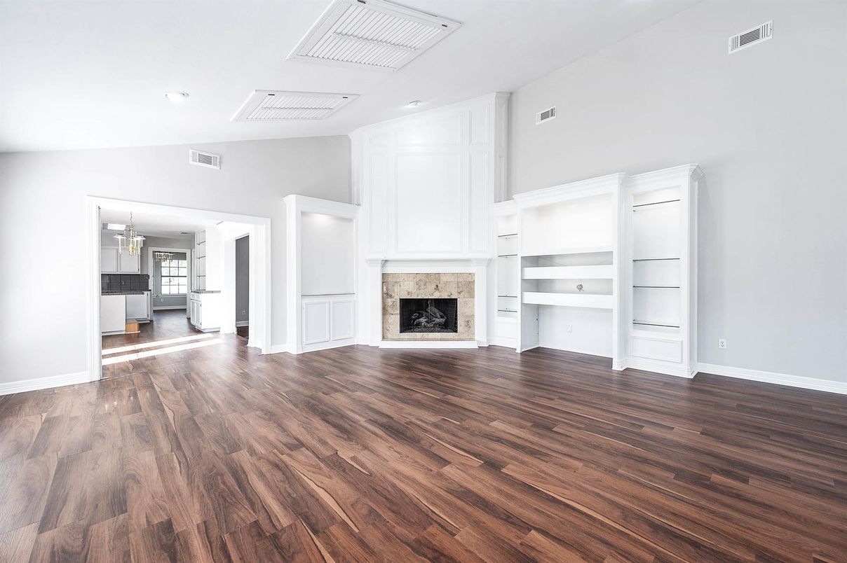 Empty room, Fireplace, Interior, Recessed Lighting, Wood Texture Flooring