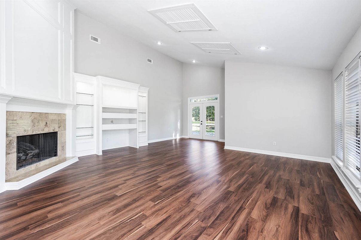Empty room, Fireplace, Interior, Recessed Lighting, Wood Texture Flooring