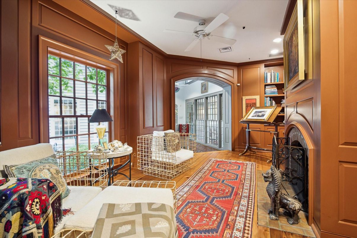 Fireplace, Interior, Pendant Lights, Recessed Lighting, Wood Texture Flooring
