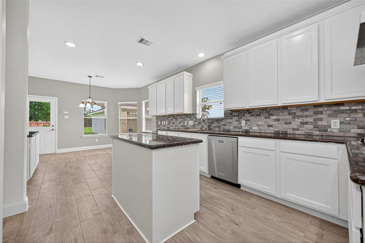 Chandelier, Interior, Kitchen, Pendant Lights, Recessed Lighting, Wood Texture Flooring