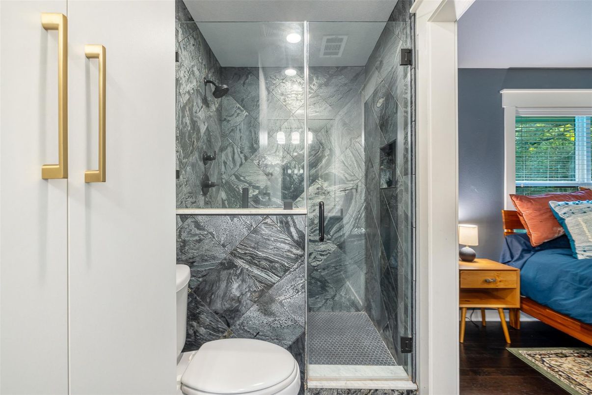 Bathroom, Glass Shower, Interior, Marble Walls, Recessed Lighting, Wood Texture Flooring