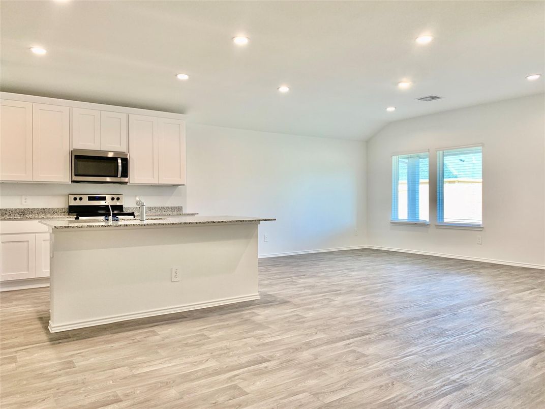 Empty room, Interior, Kitchen, Recessed Lighting, Wood Texture Flooring
