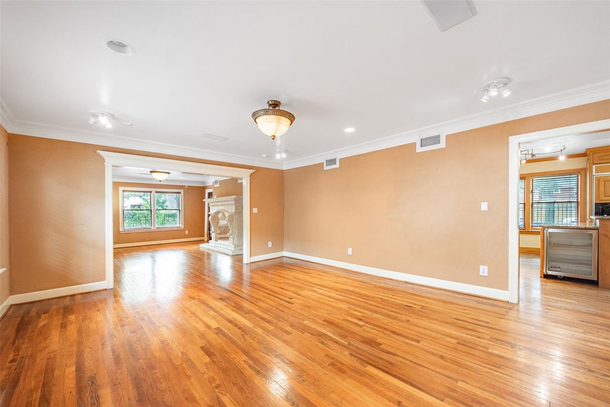 Empty room, Fireplace, Interior, Recessed Lighting, Wood Texture Flooring