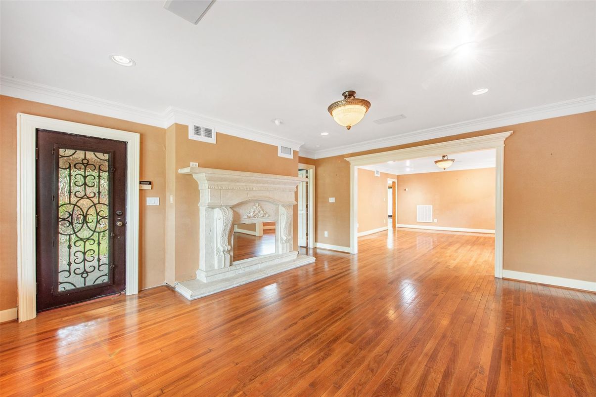 Empty room, Fireplace, Interior, Recessed Lighting, Wood Texture Flooring
