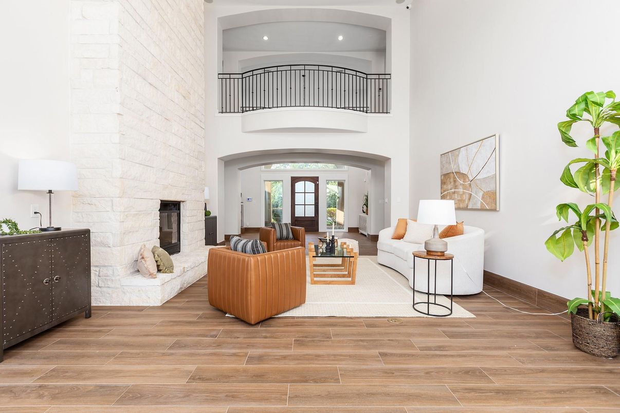 Fireplace, Interior, Living room, Recessed Lighting, Stone Walls, Wood Texture Flooring