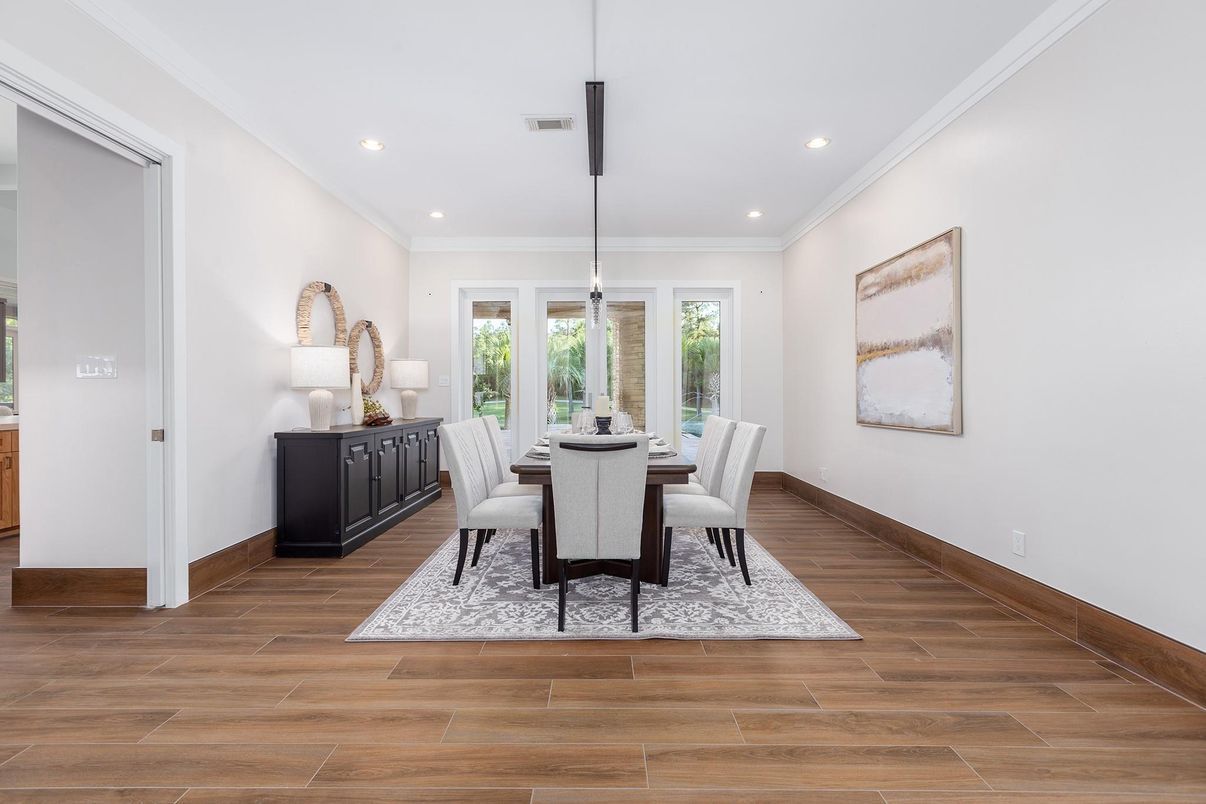Dining room, Interior, Recessed Lighting, Wood Texture Flooring