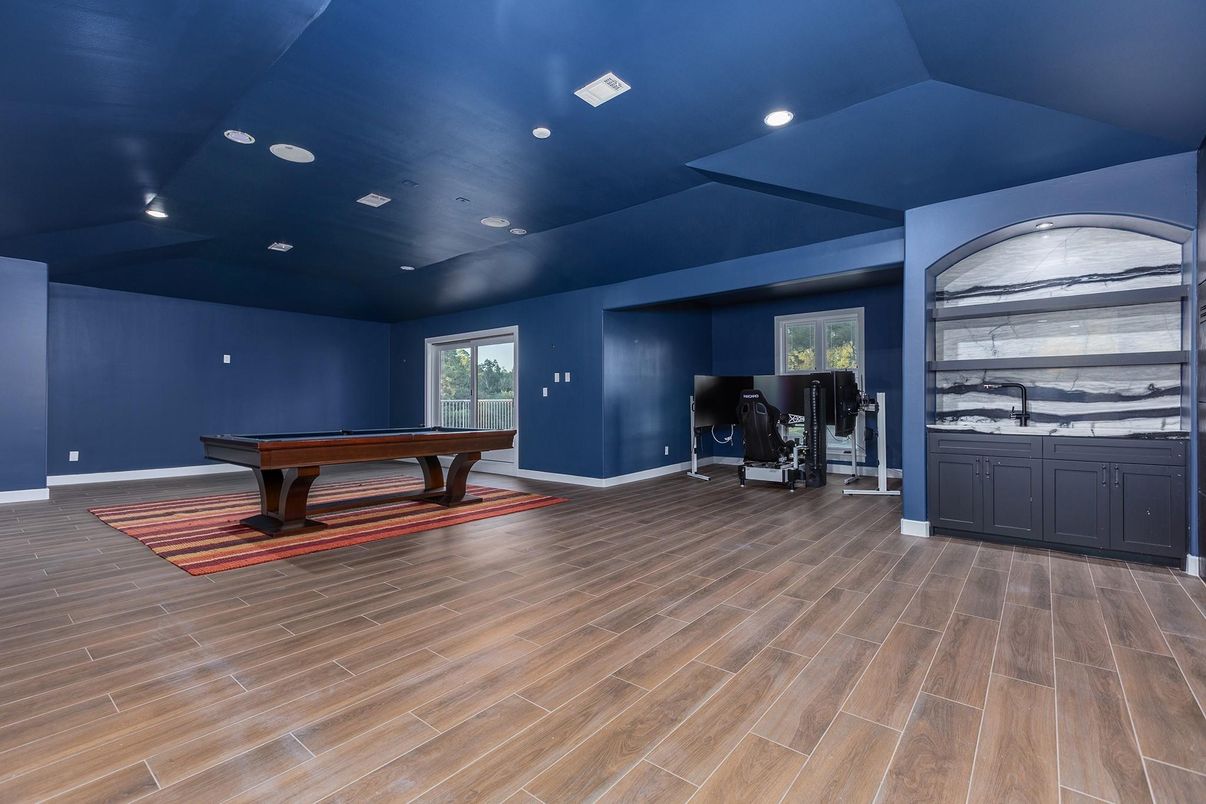 Billiard Table, Fitness Equipment, Game Room, Interior, Recessed Lighting, Wood Texture Flooring
