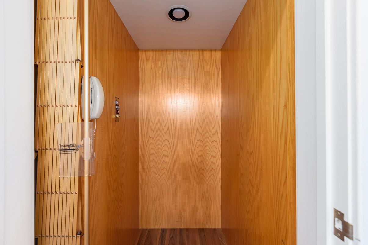 Elevator, Interior, Recessed Lighting, Wood Texture Flooring, Wooden Walls