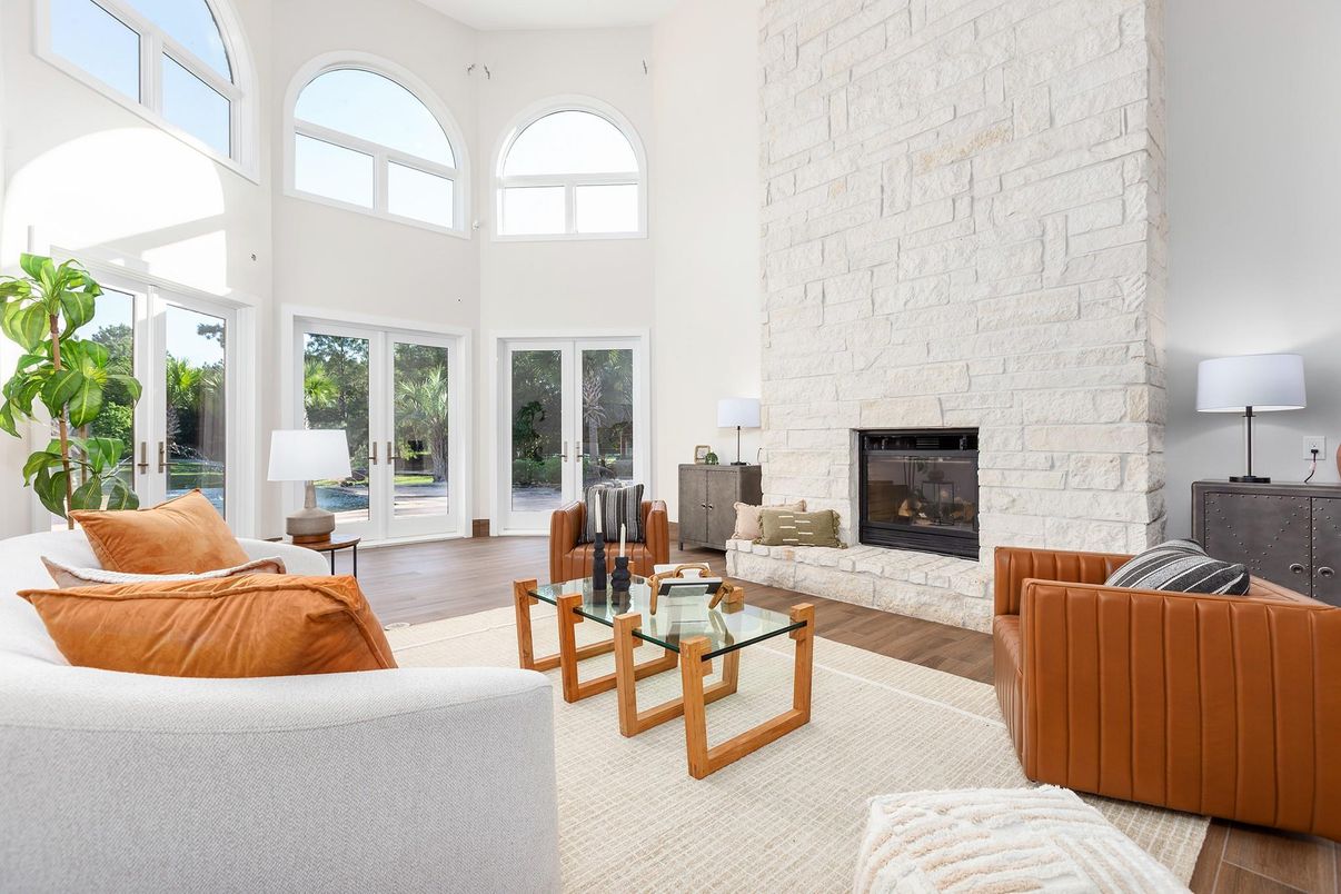 Fireplace, Interior, Living room, Stone Walls, Wood Texture Flooring