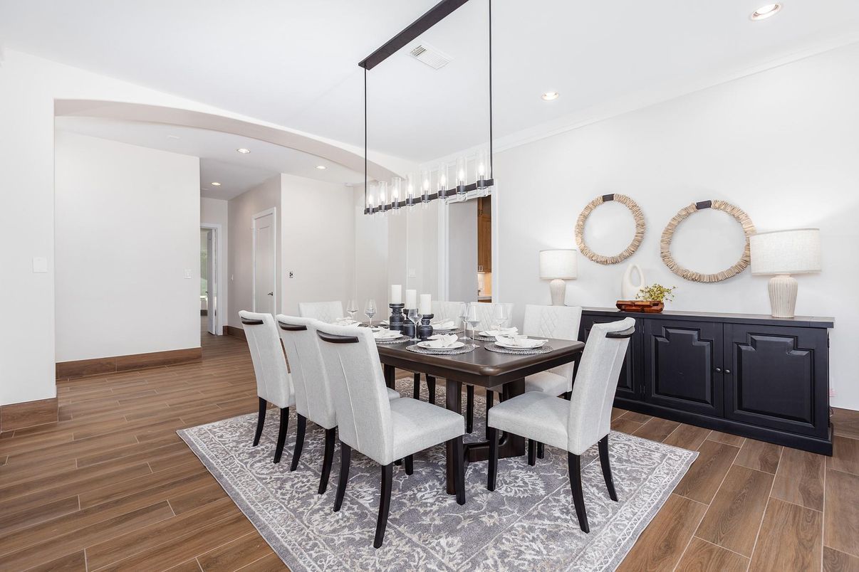 Dining room, Interior, Pendant Lights, Recessed Lighting, Wood Texture Flooring