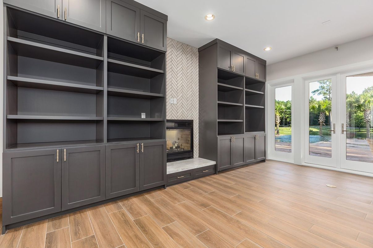 Fireplace, Interior, Recessed Lighting, Wood Texture Flooring