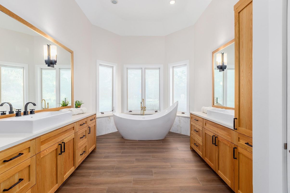 Bathroom, Dual Sink Vanities, Free Standing Baths, Interior, Recessed Lighting, Wood Texture Flooring