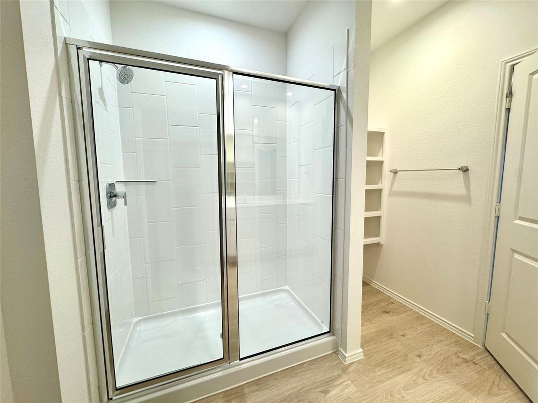 Bathroom, Glass Shower, Interior, Walk-in Closets, Wood Texture Flooring