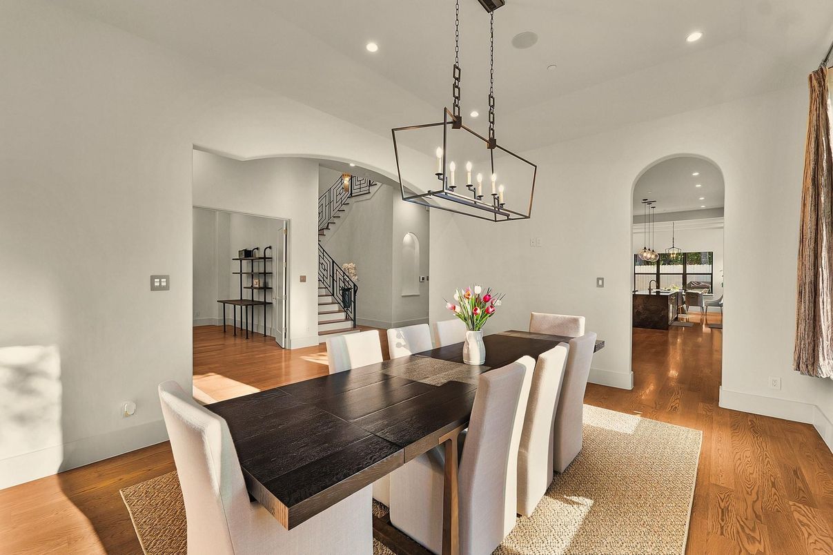 Dining room, Interior, Pendant Lights, Recessed Lighting, Wood Texture Flooring