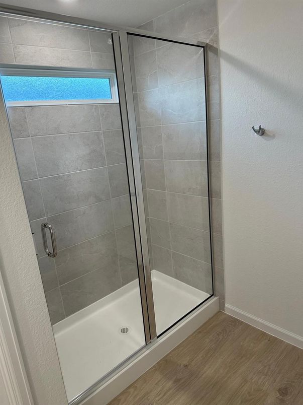 Bathroom, Glass Shower, Interior, Wood Texture Flooring