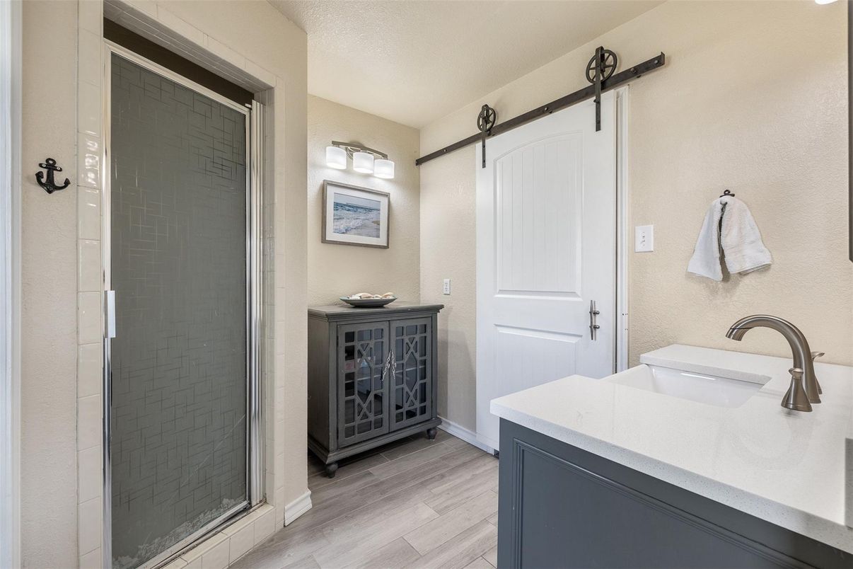 Bathroom, Glass Shower, Interior, Wood Texture Flooring