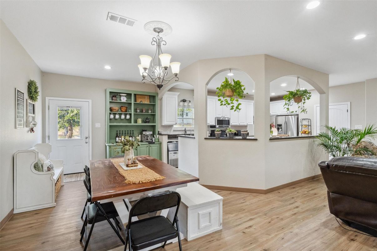 Chandelier, Dining room, Interior, Kitchen, Recessed Lighting, Wood Texture Flooring