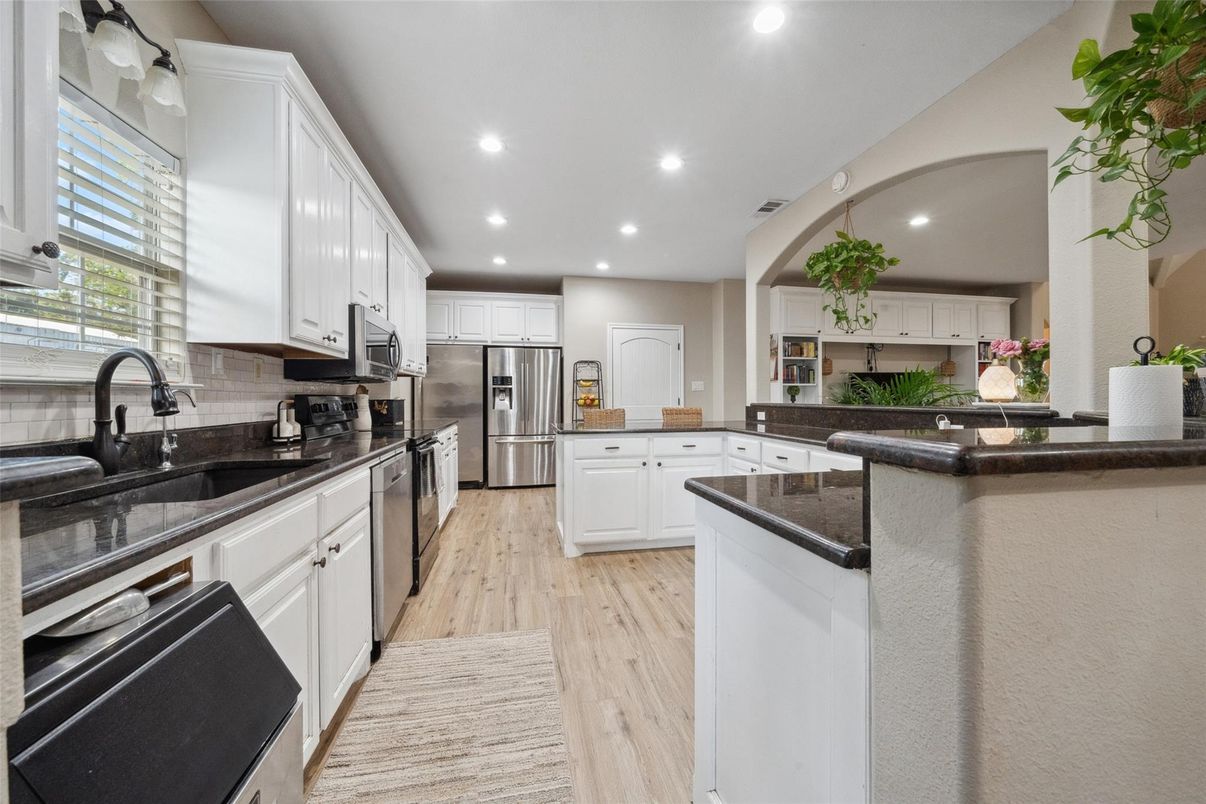 Interior, Kitchen, Recessed Lighting, Stainless Steel Appliances, Wood Texture Flooring
