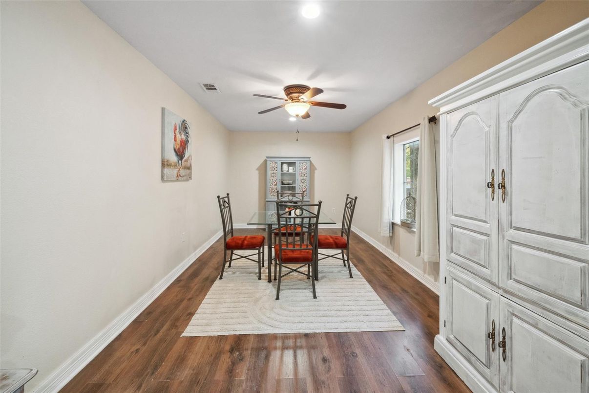 Dining room, Interior, Recessed Lighting, Wood Texture Flooring