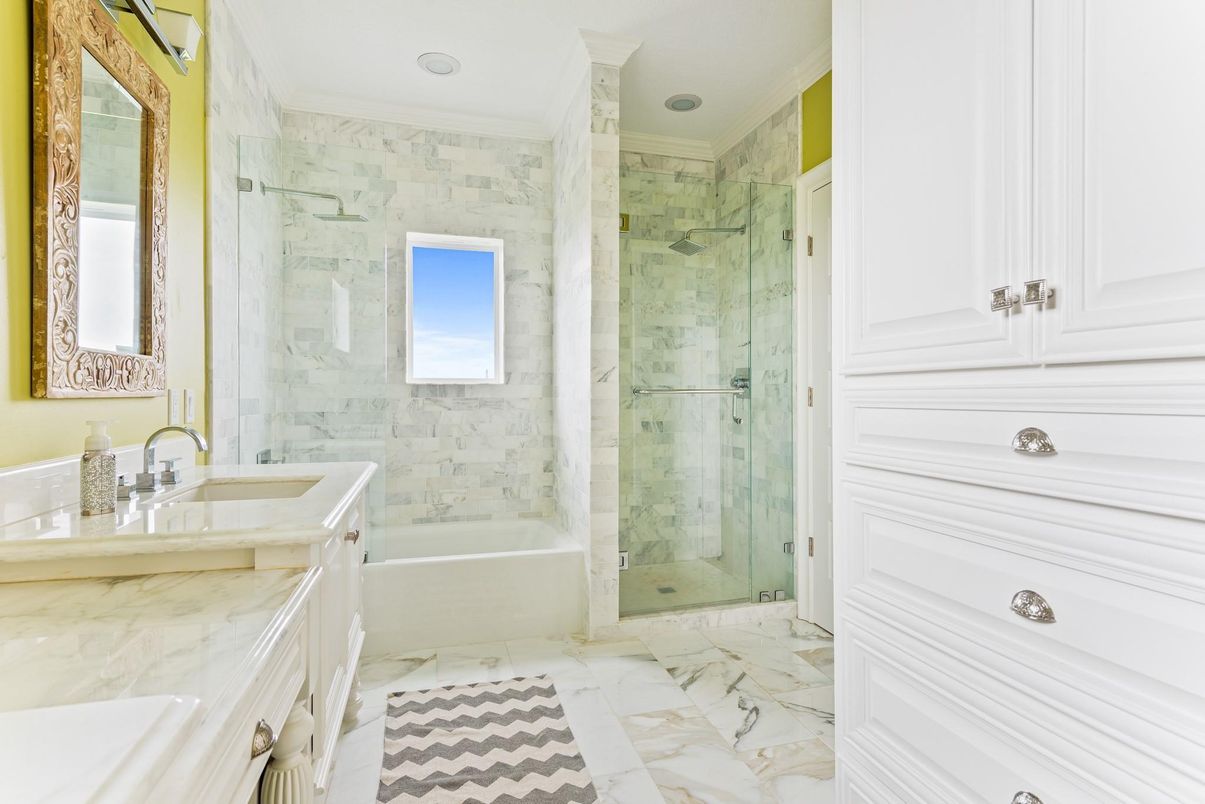 Bathroom, Glass Shower, Interior, Marble, Marble Walls, Recessed Lighting
