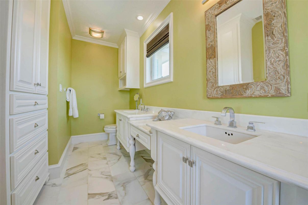 Bathroom, Dual Sink Vanities, Interior, Marble, Recessed Lighting