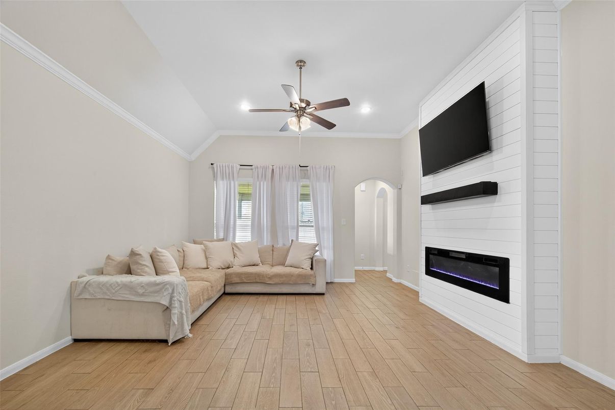 Fireplace, Interior, Living room, Recessed Lighting, Wood Texture Flooring