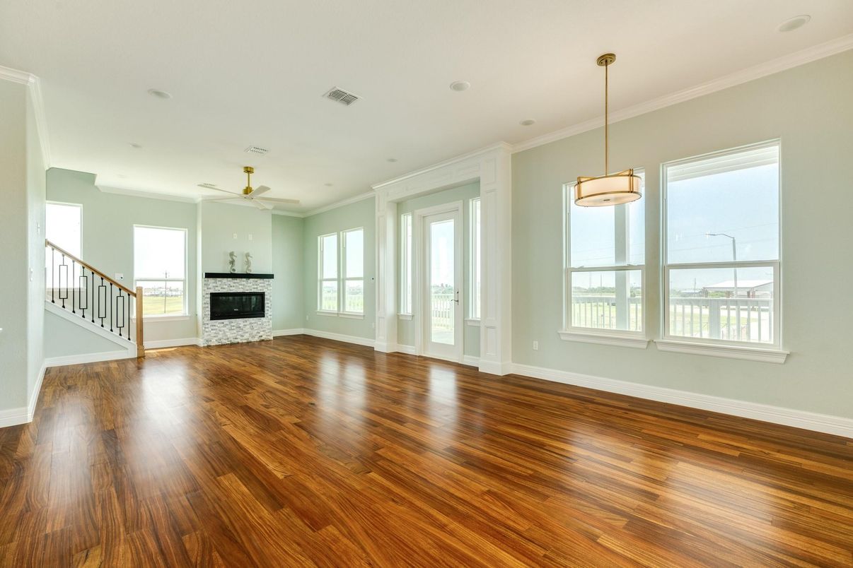 Empty room, Fireplace, Interior, Pendant Lights, Recessed Lighting, Wood Texture Flooring