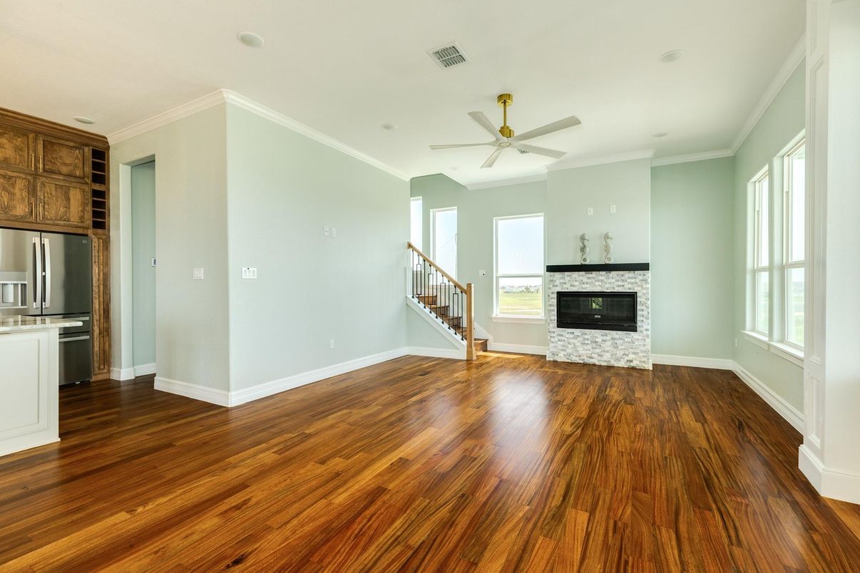 Empty room, Fireplace, Interior, Kitchen, Wood Texture Flooring