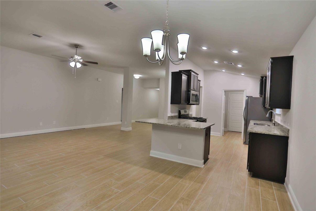 Chandelier, Interior, Kitchen, Pendant Lights, Recessed Lighting, Wood Texture Flooring
