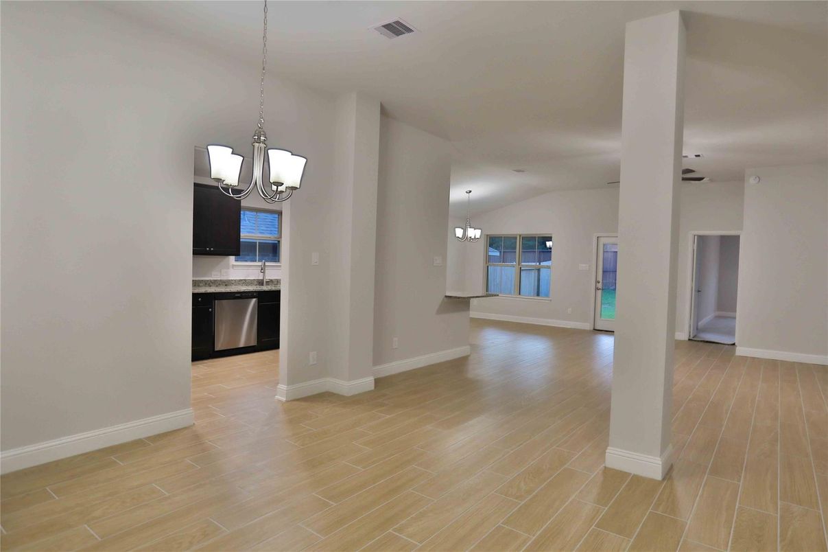 Chandelier, Empty room, Interior, Pendant Lights, Wood Texture Flooring