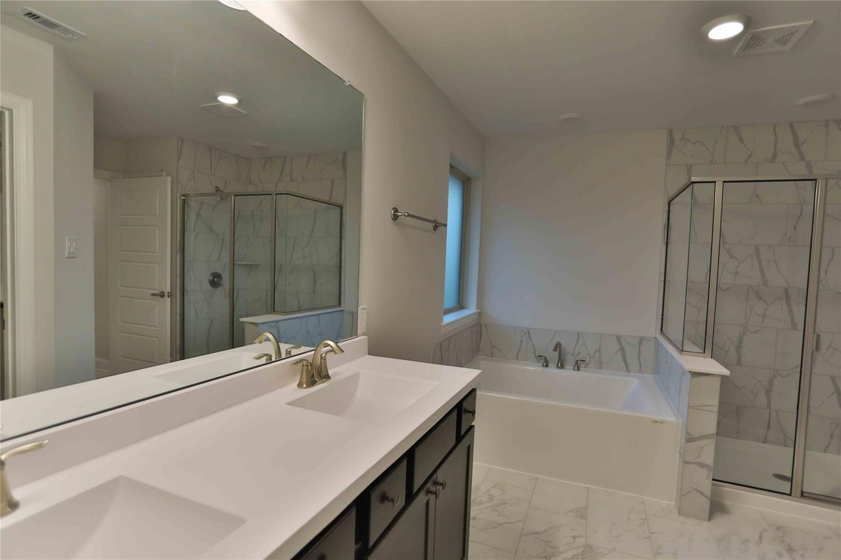 Bathroom, Dual Sink Vanities, Glass Shower, Interior, Marble, Marble Walls, Recessed Lighting