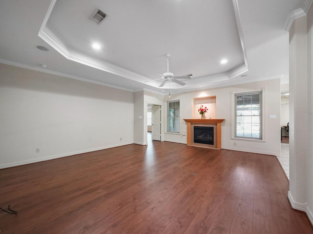 Empty room, Fireplace, Interior, Recessed Lighting, Wood Texture Flooring