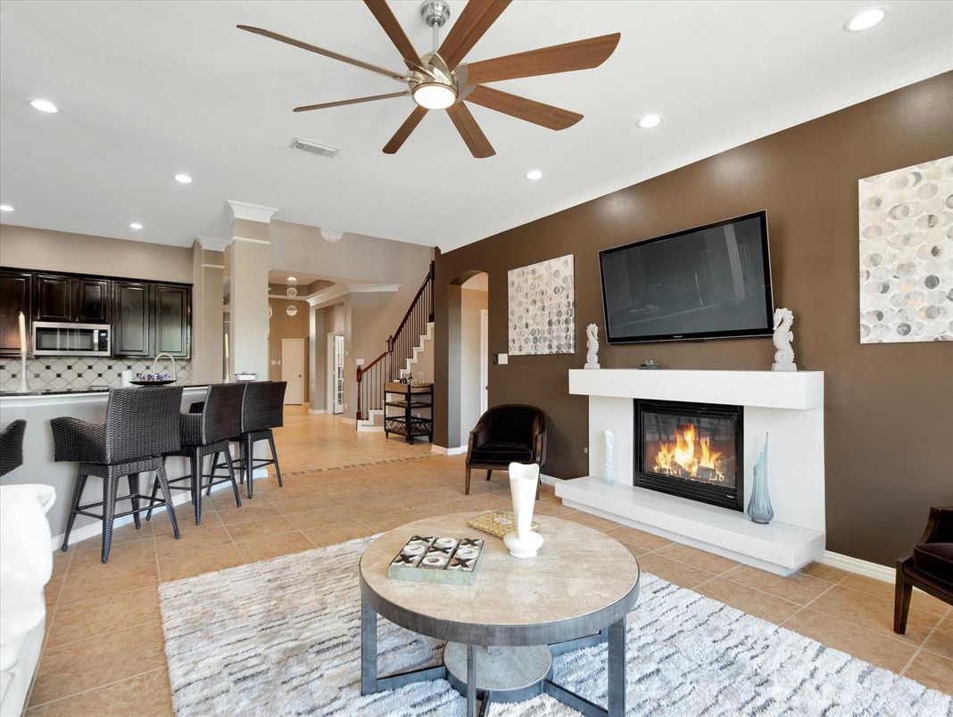 Fireplace, Interior, Kitchen, Recessed Lighting, Stainless Steel Appliances