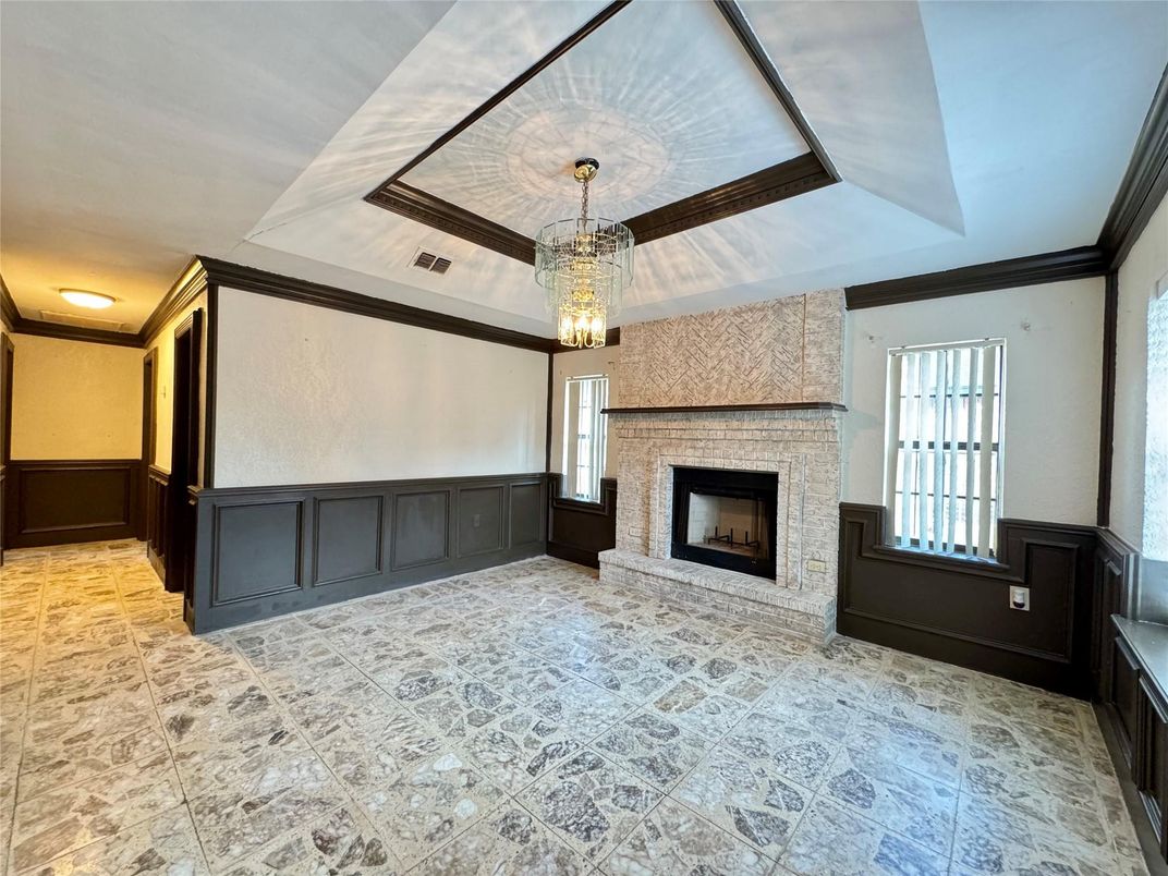 Chandelier, Fireplace, Interior