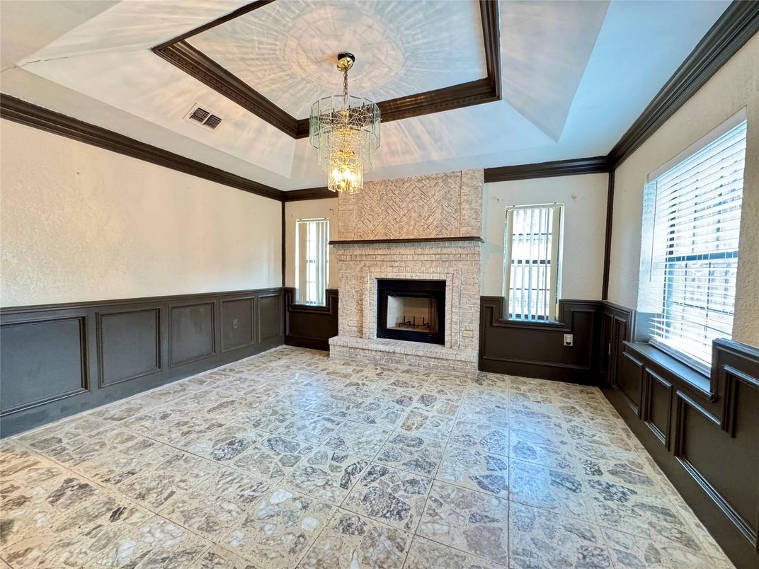 Chandelier, Empty room, Fireplace, Interior