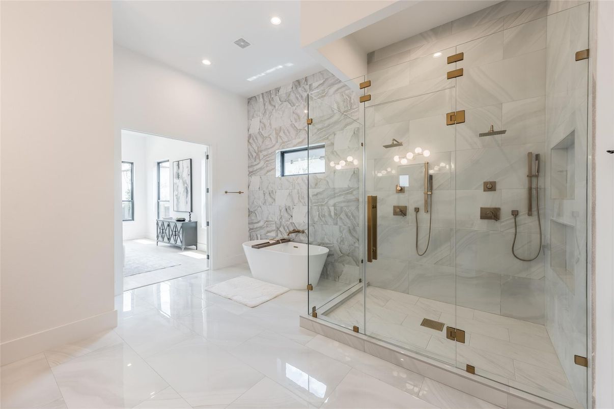 Bathroom, Free Standing Baths, Glass Shower, Interior, Marble Walls, Recessed Lighting