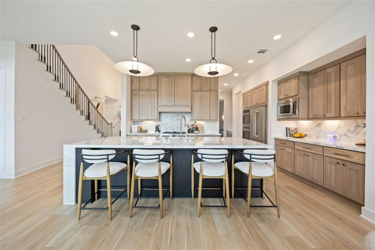 Interior, Kitchen, Pendant Lights, Recessed Lighting, Wood Texture Flooring